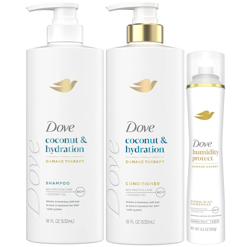 Dove Shampoo & Conditioner Set, Coconut & Hydration Flexible Hold Hairspray, Compressed Micro Mist â€“ Deep Hydration for Revitalizing Dry, Damaged Hair & Styling (3 Piece Set) - Image 1
