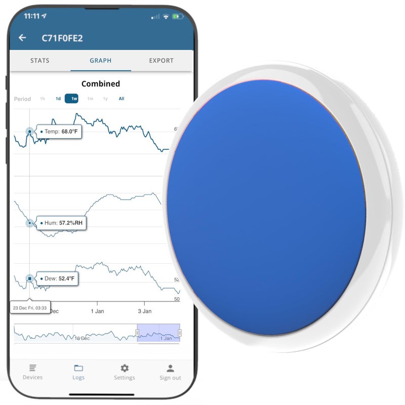 Tempo Disc Tempo Disc Bluetooth Compatible Thermometer Hygrometer  Dew Point Sensor and Logger Smart Temperature Humidity Monitor Unlimited Phone Storage Simple Data Export Made in USA 