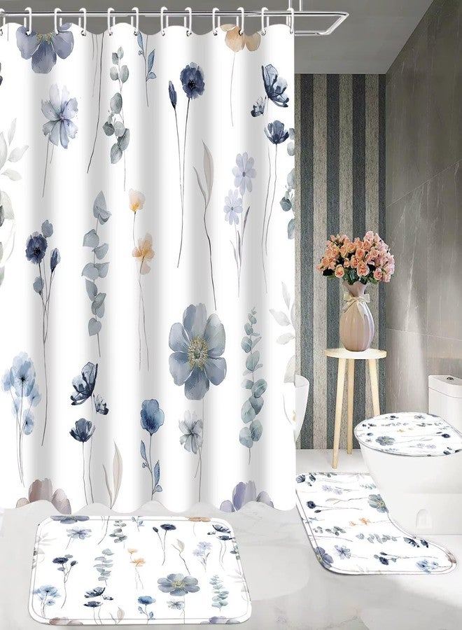 DDQQ 4Pcs Watercolor Flower Shower Curtain Set with Non-Slip Rugs, Toilet Lid Cover and Bath Mat, Modern Minimalist Floral Shower Curtain with 12 Hooks, Blue Beige Bath Curtain for Bathroom Decor - Image 3