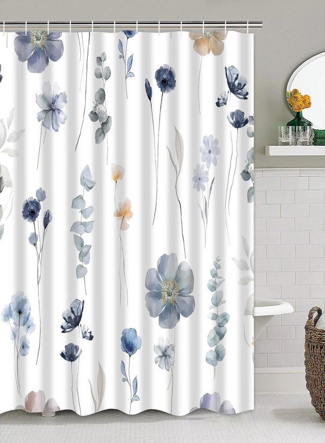 DDQQ 4Pcs Watercolor Flower Shower Curtain Set with Non-Slip Rugs, Toilet Lid Cover and Bath Mat, Modern Minimalist Floral Shower Curtain with 12 Hooks, Blue Beige Bath Curtain for Bathroom Decor - Image 4