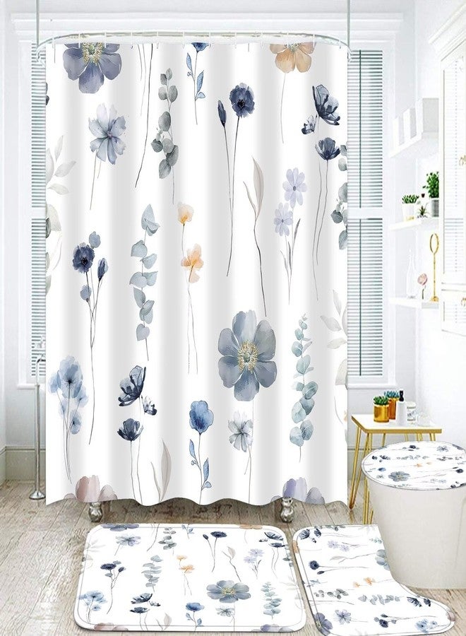 DDQQ 4Pcs Watercolor Flower Shower Curtain Set with Non-Slip Rugs, Toilet Lid Cover and Bath Mat, Modern Minimalist Floral Shower Curtain with 12 Hooks, Blue Beige Bath Curtain for Bathroom Decor - Image 2