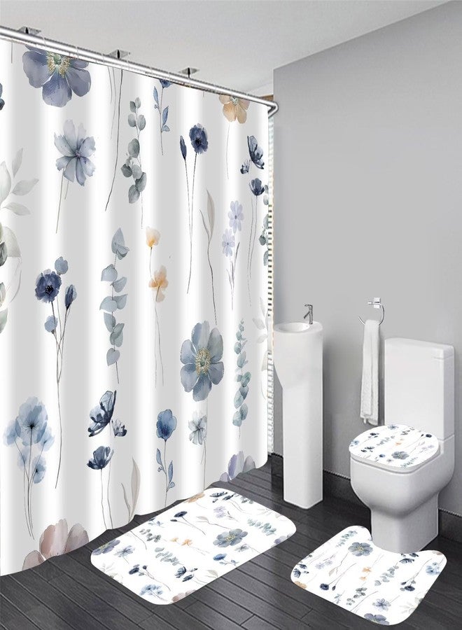 DDQQ 4Pcs Watercolor Flower Shower Curtain Set with Non-Slip Rugs, Toilet Lid Cover and Bath Mat, Modern Minimalist Floral Shower Curtain with 12 Hooks, Blue Beige Bath Curtain for Bathroom Decor - Image 1