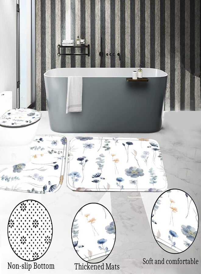 DDQQ 4Pcs Watercolor Flower Shower Curtain Set with Non-Slip Rugs, Toilet Lid Cover and Bath Mat, Modern Minimalist Floral Shower Curtain with 12 Hooks, Blue Beige Bath Curtain for Bathroom Decor - Image 5