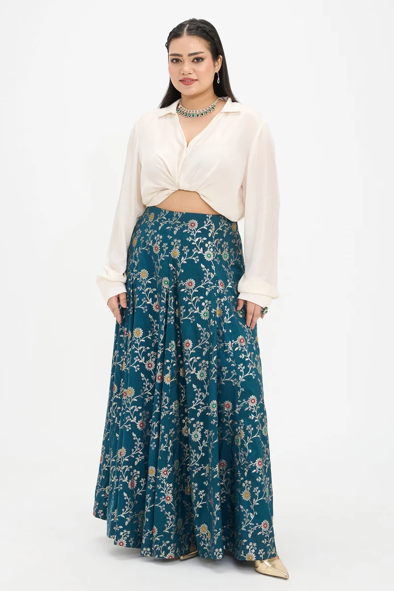 Virgio Ethnic Motifs Viscose Brocade Flared Plus Size Skirt With Godets for Women