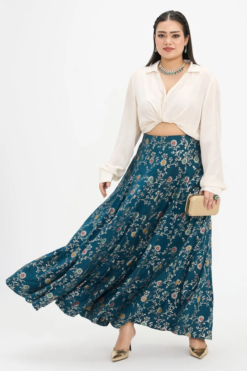 Virgio Ethnic Motifs Viscose Brocade Flared Plus Size Skirt With Godets for Women