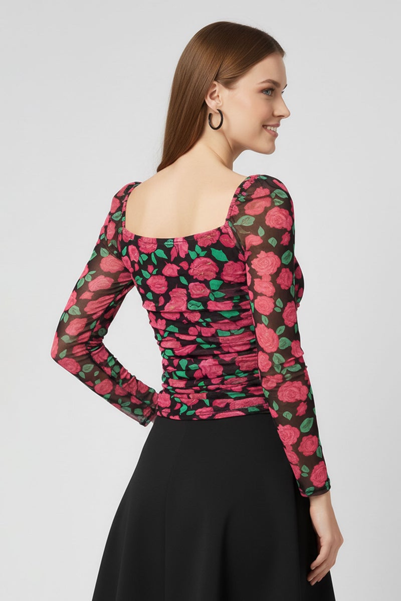PINKO Women Sweetheart Neck Long Sleeve Floral Print Top, Multicolor - Image 4
