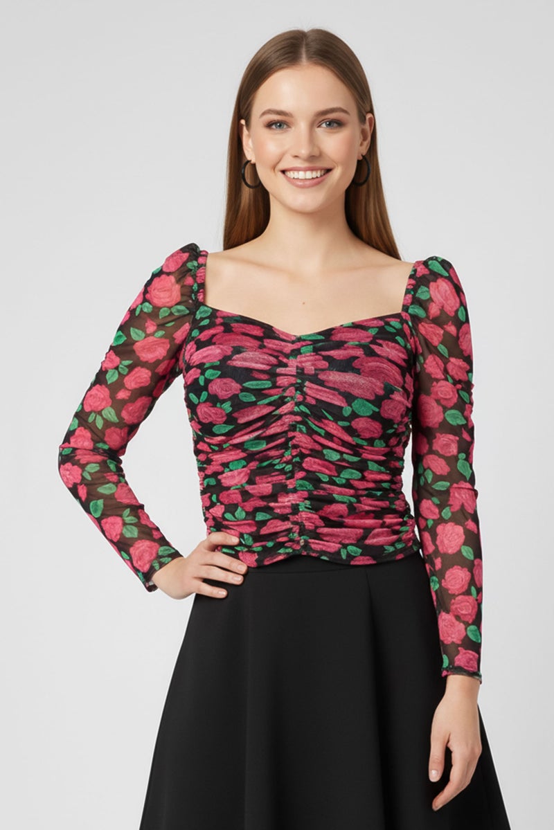 PINKO Women Sweetheart Neck Long Sleeve Floral Print Top, Multicolor - Image 1