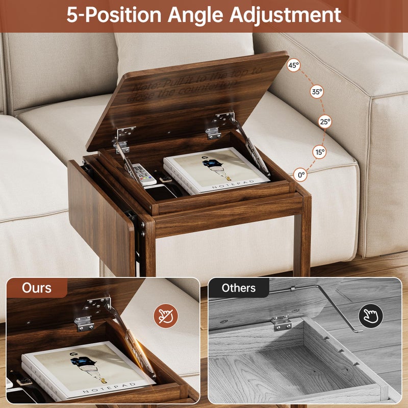 OtterOasis C Shaped End Table for Couch C Table with Wheels Folding Desktop Wood Rolling Side Table with Storage Desk Tv Tables Lockable Wheel for Couch, Living Room, Bedroom, Walnut - Image 3