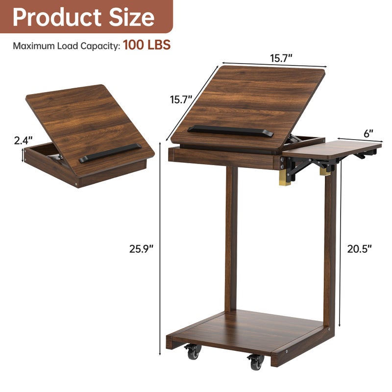 OtterOasis C Shaped End Table for Couch C Table with Wheels Folding Desktop Wood Rolling Side Table with Storage Desk Tv Tables Lockable Wheel for Couch, Living Room, Bedroom, Walnut - Image 2