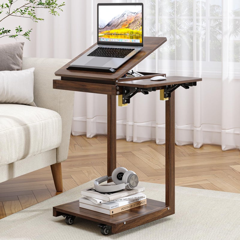 OtterOasis C Shaped End Table for Couch C Table with Wheels Folding Desktop Wood Rolling Side Table with Storage Desk Tv Tables Lockable Wheel for Couch, Living Room, Bedroom, Walnut - Image 1