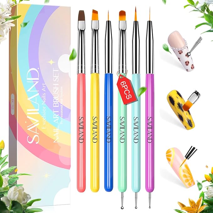 Saviland Nail Art Brushes Set 6Pcs DoubleEnd Nail Brushes Kit Professional Nail Art Tools Kit with Painting Dotting Line Pen for Gel Polish Nail Designs Nail Carving French Nails - Image 1