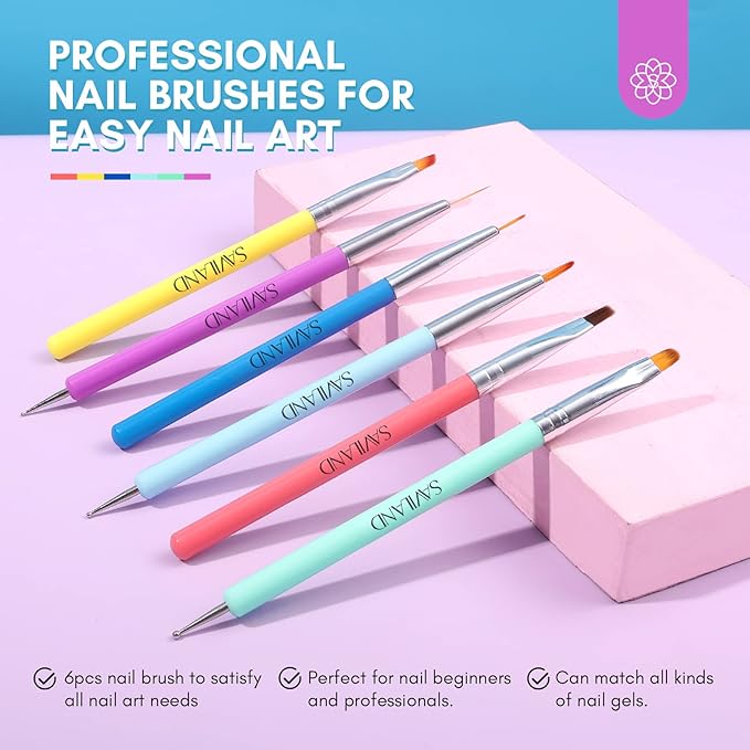 Saviland Nail Art Brushes Set 6Pcs DoubleEnd Nail Brushes Kit Professional Nail Art Tools Kit with Painting Dotting Line Pen for Gel Polish Nail Designs Nail Carving French Nails - Image 2