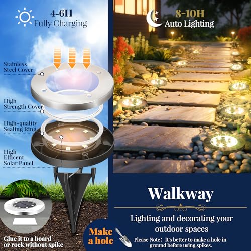 SOLPEX Solar Ground Lights, 12 Pack Solar Lights Outdoor Waterproof, 8 LED Solar Powered Landscape Lighting for Garden Yard Patio Driveway Pathway Walkway (Warm White) - Image 3