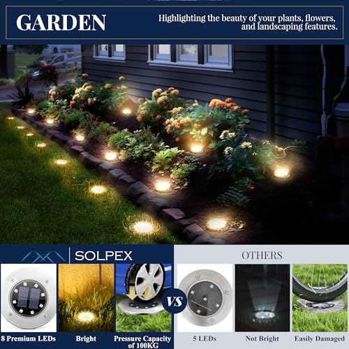 SOLPEX Solar Ground Lights, 12 Pack Solar Lights Outdoor Waterproof, 8 LED Solar Powered Landscape Lighting for Garden Yard Patio Driveway Pathway Walkway (Warm White) - Image 4