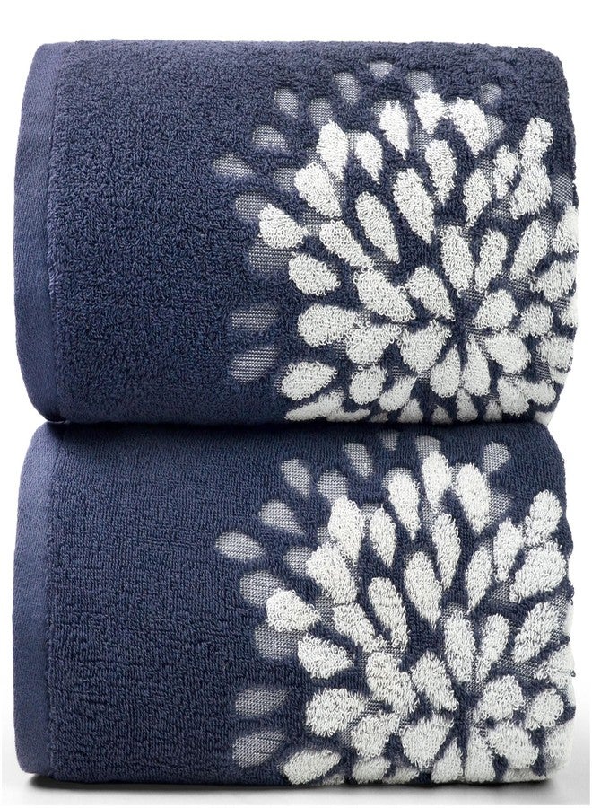 Jacquotha Cute Bath Towels Set of 2 (Denim Blue) - Large 55” x 28”, Decorative Hydrangea Floral Jacquard, Bathroom & Guest Room Decor, Cotton - Image 1