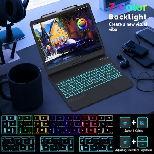 FUWANG Touch Keyboard Case for iPad Air 13 inch (M3 2025/M2 2024)and iPad Pro 12.9 6th 5th 4th 3rd Gen, 360° Swivel 7 Colors Backlit for iPad Air 13 inch Case Keyboard with Multi-Touch Trackpad, Black - Image 4