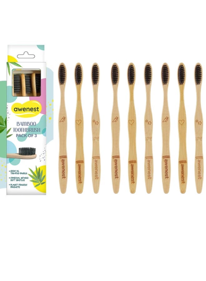 awenest Bamboo Toothbrush With Charcoal Activated Soft Bristles - Pack of 9 | Treated With Neem Oil | For Fungus Protection | Bpa Free, Biodegradable And Compostable Handle | Eco-friendly | - Image 4