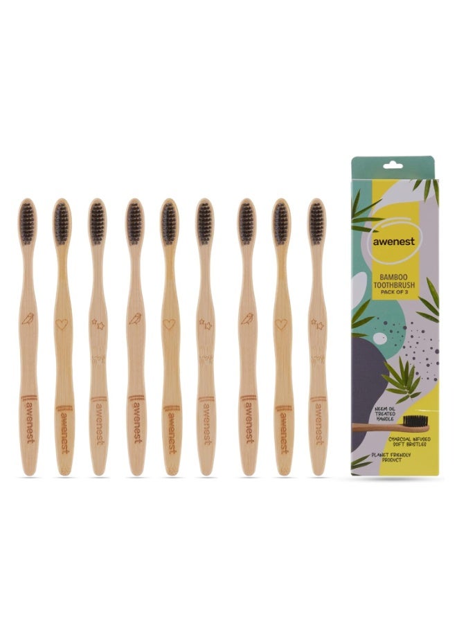 awenest Bamboo Toothbrush With Charcoal Activated Soft Bristles - Pack of 9 | Treated With Neem Oil | For Fungus Protection | Bpa Free, Biodegradable And Compostable Handle | Eco-friendly | - Image 1