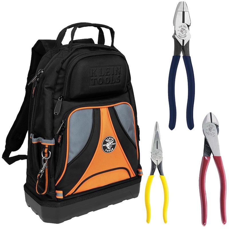 Klein Tools 80120 Backpack and Pliers Kit with Backpack Long Nose Diagonal Cut and Side Cut Pliers 4Piece
