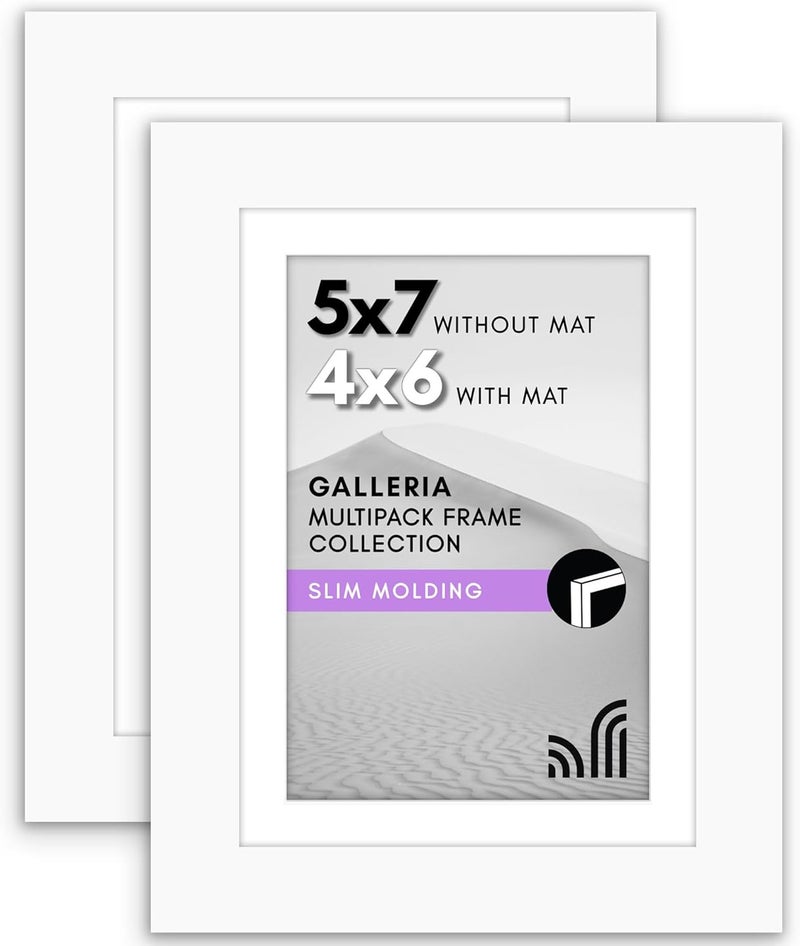 Americanflat 5x7 Picture Frame Set of 2 in White - Use as 4x6 Picture Frame with Mat or 5x7 Frame Without Mat - Collage Picture Frames with Plexiglass Cover and Easel for Wall and Tabletop - Image 1