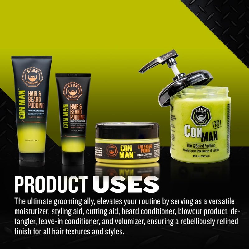GIBS Con Man Hair & Beard Pudding - Leave In Conditioner - Curl Definer - Moisturizer - 8 oz Squeeze Tube - Image 1