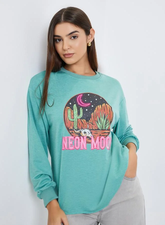 Take Two Take Two Green Regular Fit Desert Graphic Sweatshirt
