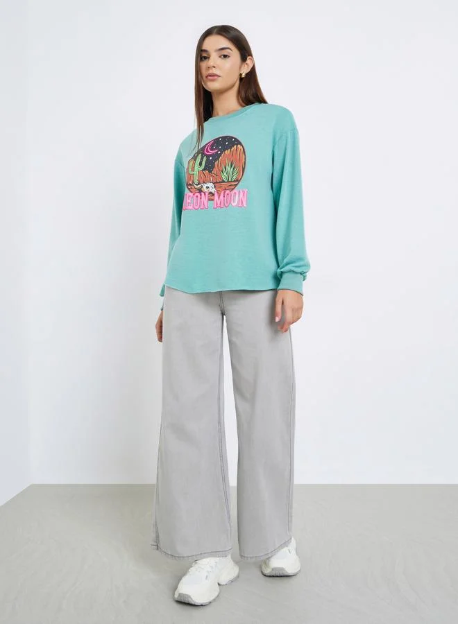 Take Two Take Two Green Regular Fit Desert Graphic Sweatshirt