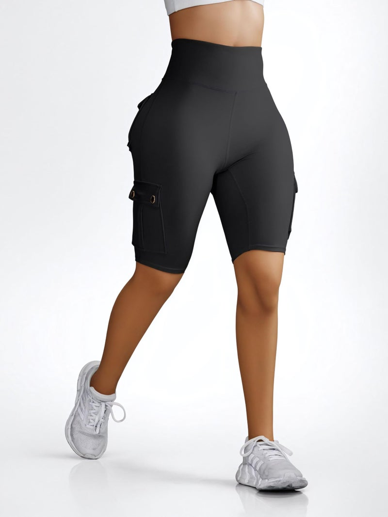Sumleno Women Tummy Control Butt Lifting Shorts Knee Length High Waist Flap Pocket Workout Bermuda Cargo Running Shorts (M,Black) - Image 5