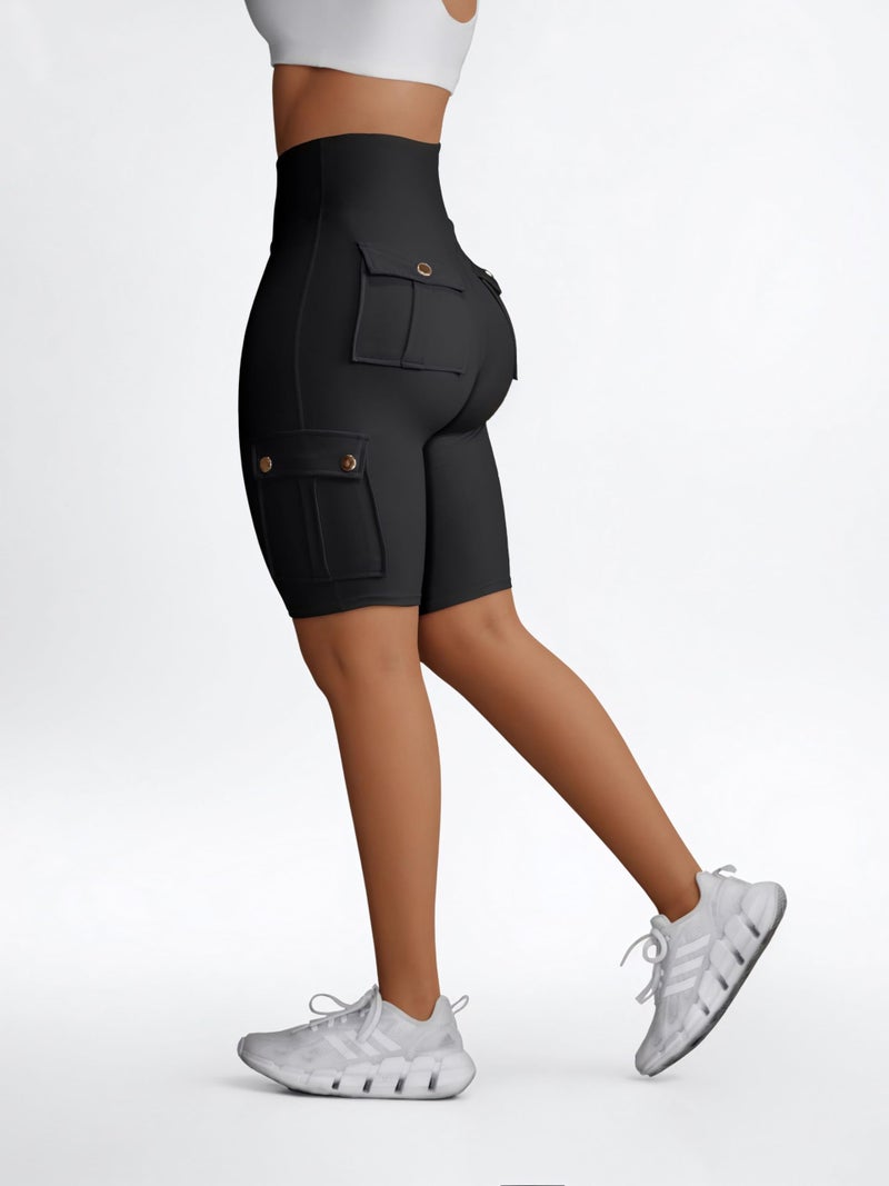 Sumleno Women Tummy Control Butt Lifting Shorts Knee Length High Waist Flap Pocket Workout Bermuda Cargo Running Shorts (M,Black) - Image 2