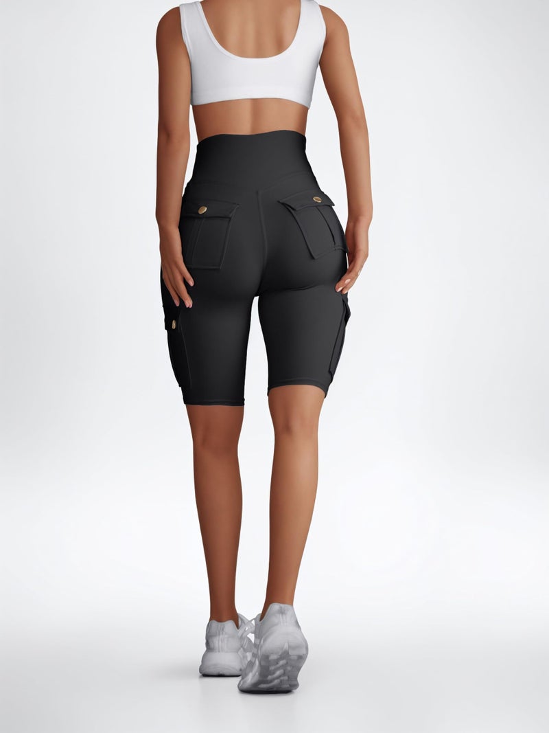 Sumleno Women Tummy Control Butt Lifting Shorts Knee Length High Waist Flap Pocket Workout Bermuda Cargo Running Shorts (M,Black) - Image 4