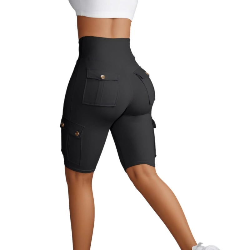 Sumleno Women Tummy Control Butt Lifting Shorts Knee Length High Waist Flap Pocket Workout Bermuda Cargo Running Shorts (M,Black) - Image 1