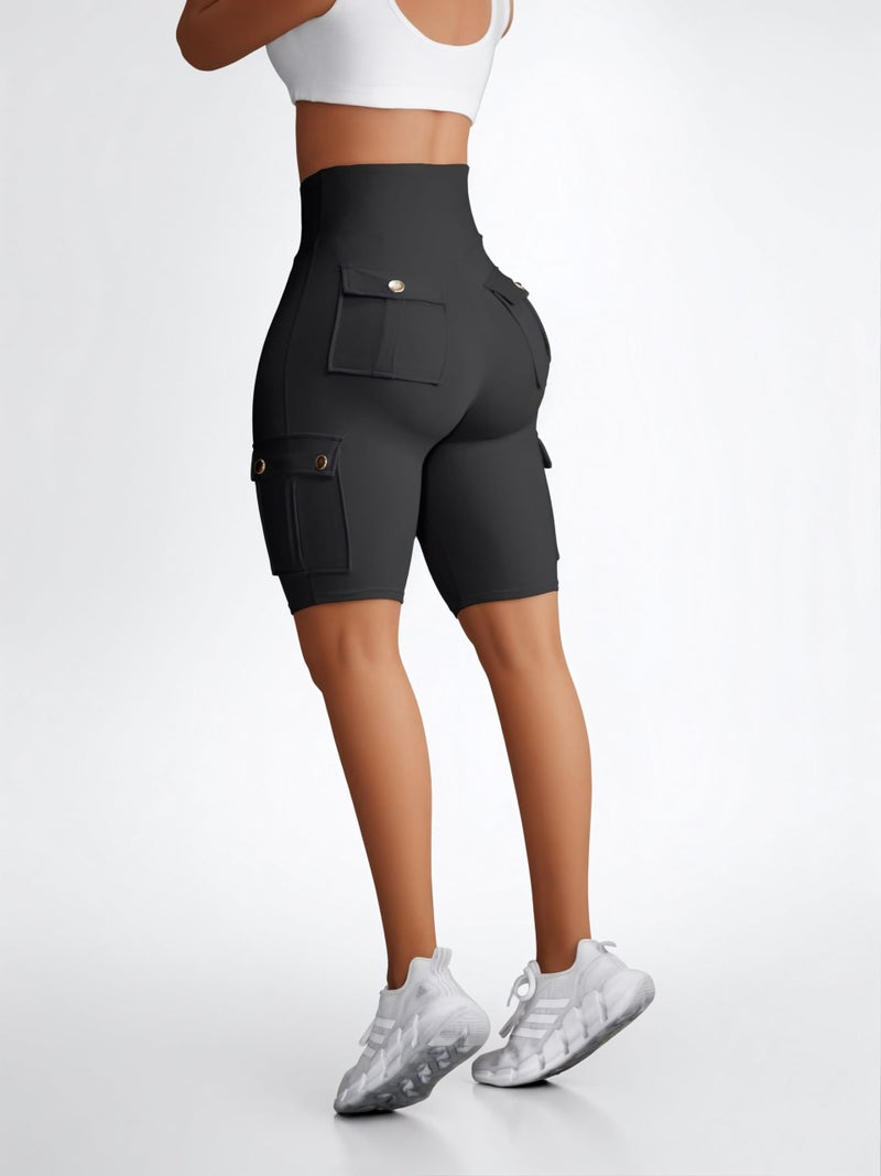 Sumleno Women Tummy Control Butt Lifting Shorts Knee Length High Waist Flap Pocket Workout Bermuda Cargo Running Shorts (M,Black) - Image 3