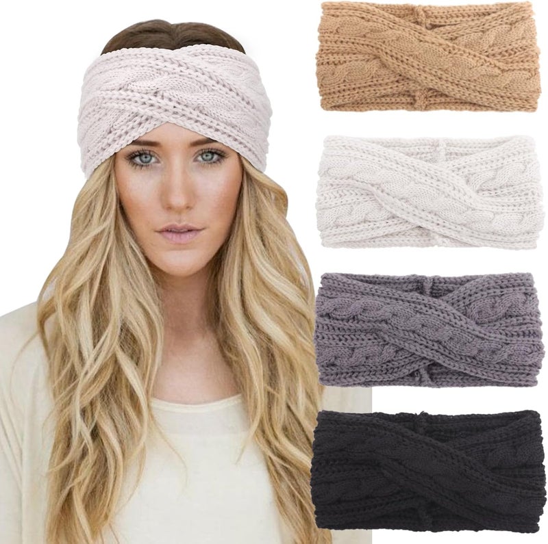 DRESHOW Winter Knit Chunky Headbands for Women Crochet Turban Knitted Ear Warmer Head Wrap Winter Accessories 4 Pack - Image 1