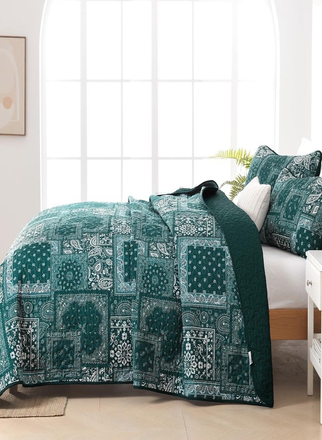 Cottolester King Quilt Set 3 Pieces,Emerald Green Patchwork Quilt Set,Boho Farmhouse Bedspread Soft Microfiber Bedding Set 110"x90" - Image 5