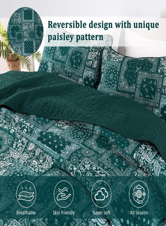 Cottolester King Quilt Set 3 Pieces,Emerald Green Patchwork Quilt Set,Boho Farmhouse Bedspread Soft Microfiber Bedding Set 110"x90" - Image 3