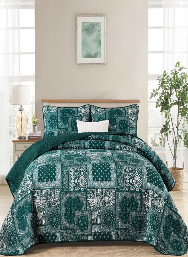 Cottolester King Quilt Set 3 Pieces,Emerald Green Patchwork Quilt Set,Boho Farmhouse Bedspread Soft Microfiber Bedding Set 110"x90" - Image 1
