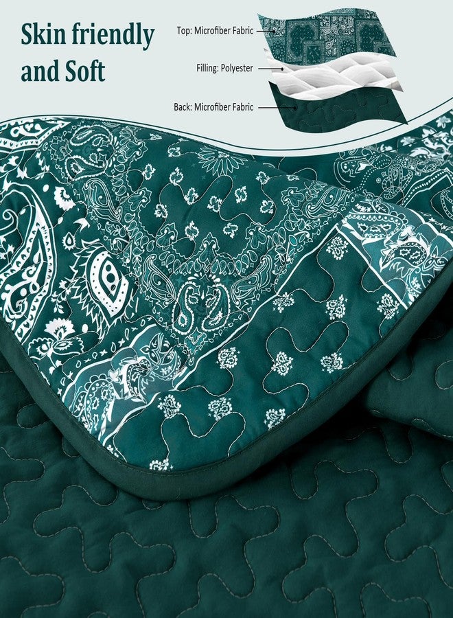Cottolester King Quilt Set 3 Pieces,Emerald Green Patchwork Quilt Set,Boho Farmhouse Bedspread Soft Microfiber Bedding Set 110"x90" - Image 4
