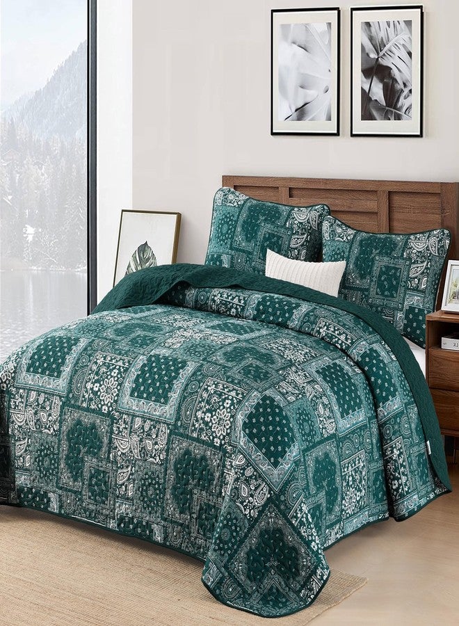 Cottolester King Quilt Set 3 Pieces,Emerald Green Patchwork Quilt Set,Boho Farmhouse Bedspread Soft Microfiber Bedding Set 110"x90" - Image 2