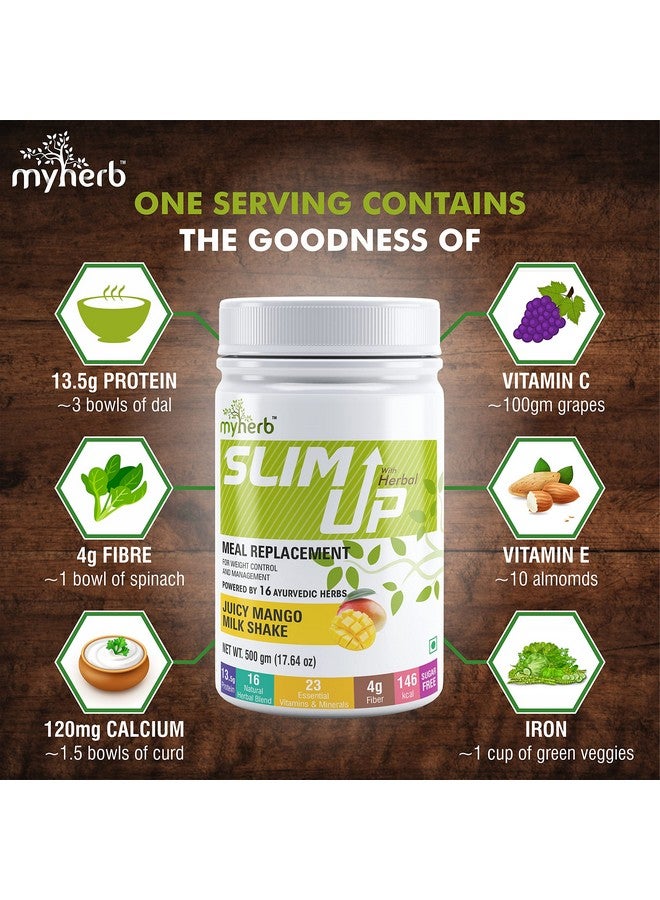 MYHERB Slim Up Meal Replacement Shake With 16 Natural Herbal Blend (Ayurvedic Formula) For Weight Control&Management-13.5g Protein-23 Vitamins For Men&Women (Juicy Mango Milk Shake, 500 gm) - Image 5