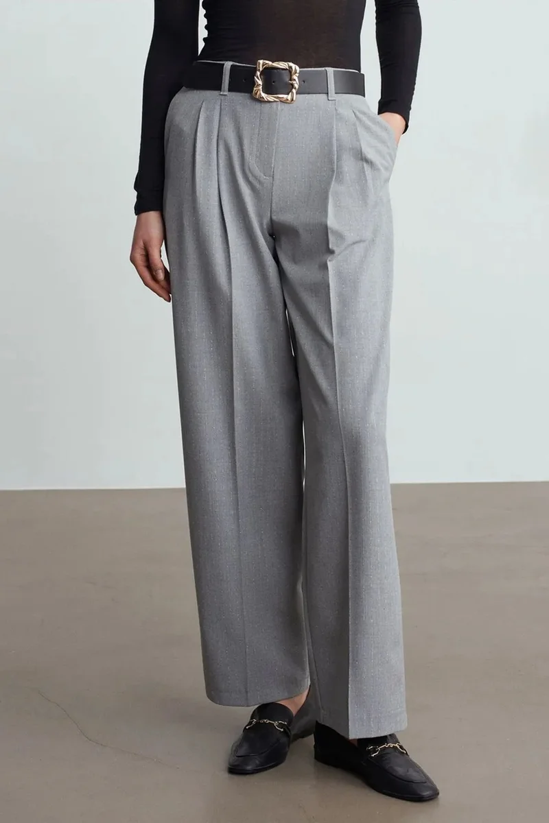 Dilvin Light Grey DILVIN Belted Wide-leg Palazzo Trousers for Women | Best Price UAE