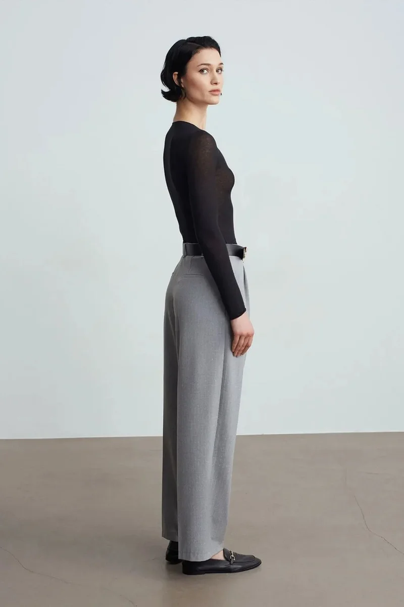 Dilvin Light Grey DILVIN Belted Wide-leg Palazzo Trousers for Women | Best Price UAE