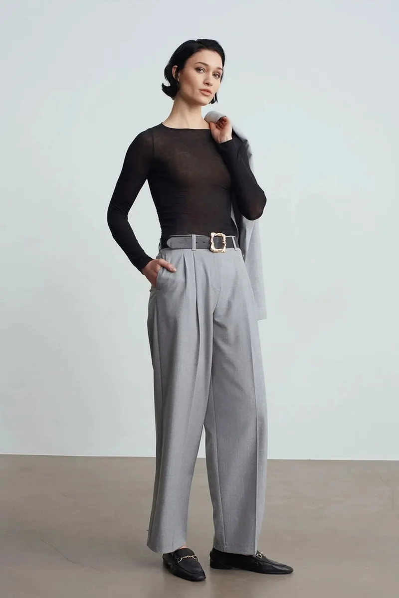 Dilvin Light Grey DILVIN Belted Wide-leg Palazzo Trousers for Women | Best Price UAE