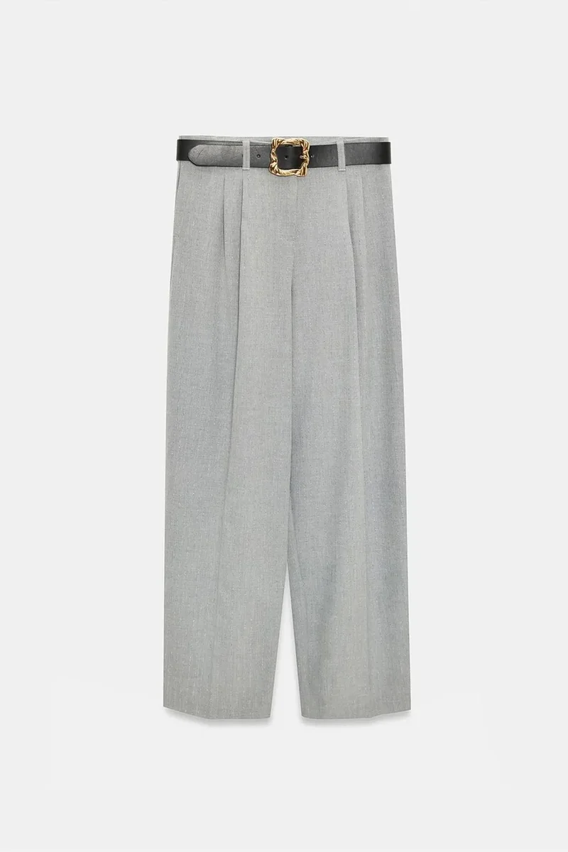 Dilvin Light Grey DILVIN Belted Wide-leg Palazzo Trousers for Women | Best Price UAE