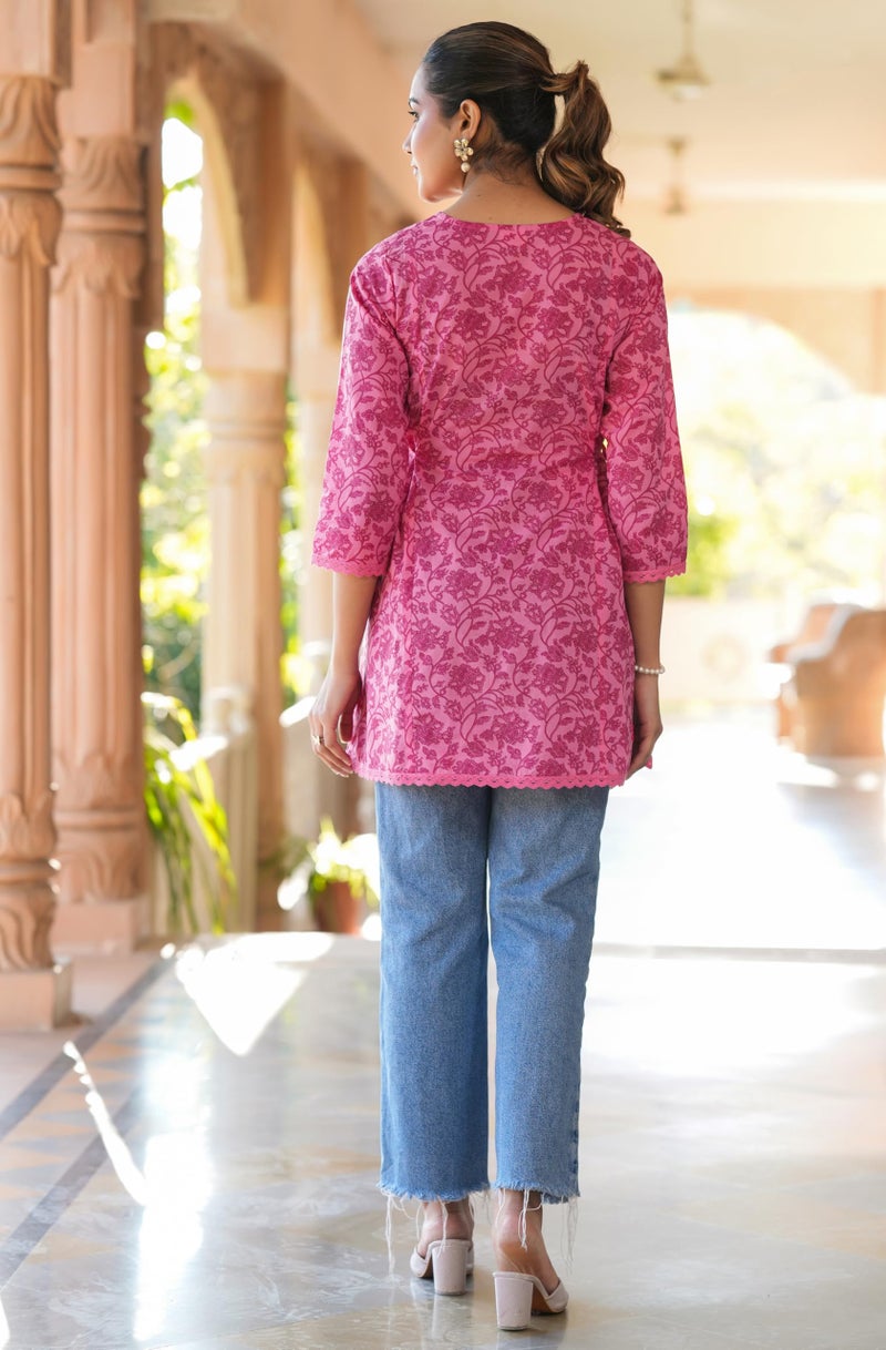 Janasya Women's Pink Pure Cotton Floral Printed A-line Tunic (JAA25TU01294-2XL) - Image 4