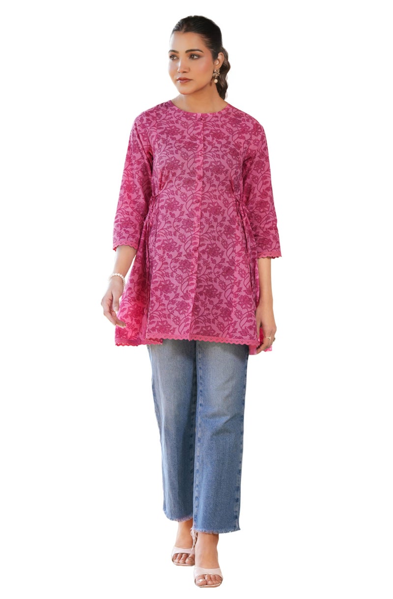 Janasya Women's Pink Pure Cotton Floral Printed A-line Tunic (JAA25TU01294-2XL) - Image 1