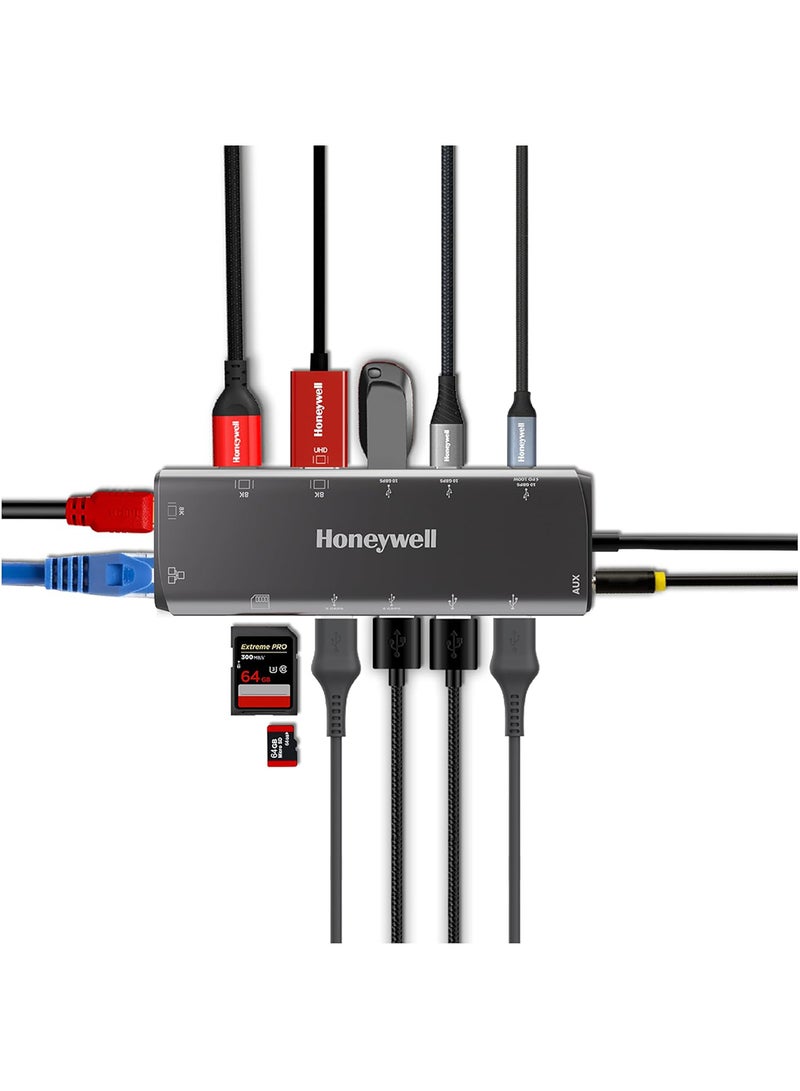 Honeywell 14In1 Type C Docking Station With Dual 8K Hdmiand Dp Ethernet Port Usb 3.2 3.0 And 2.0 2Xtype C 3.2 3.5 Mm Audio Port Sd And Microsd Slot For All Devices Like Windows/Macbook Grey Grey - Image 1