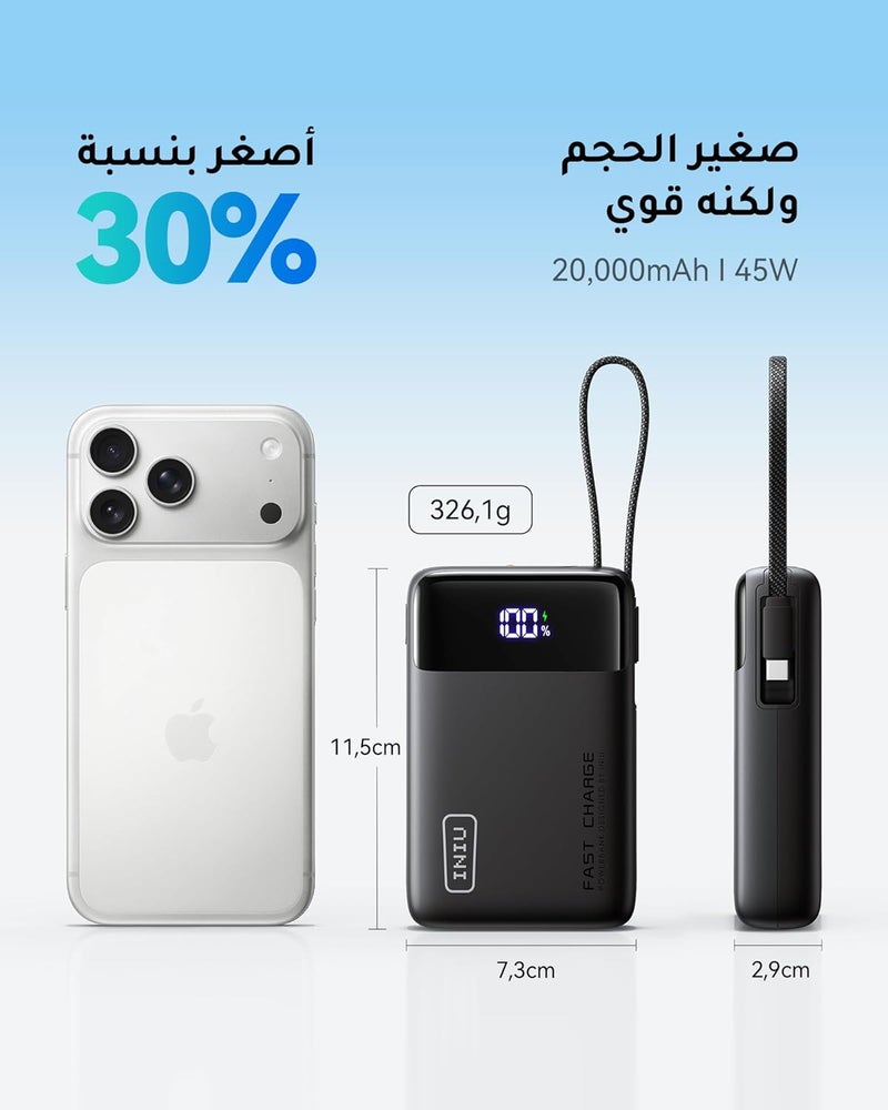 INIU 45W Power Bank, Smallest 20000mAh Portable Charger with Build in USB-C Cable, Fast Charging USB C in&Out Battery Pack, Travel Phone Charger for iPhone 17 16 Samsung S25 S24 Huawei Honor iPad etc - Image 3