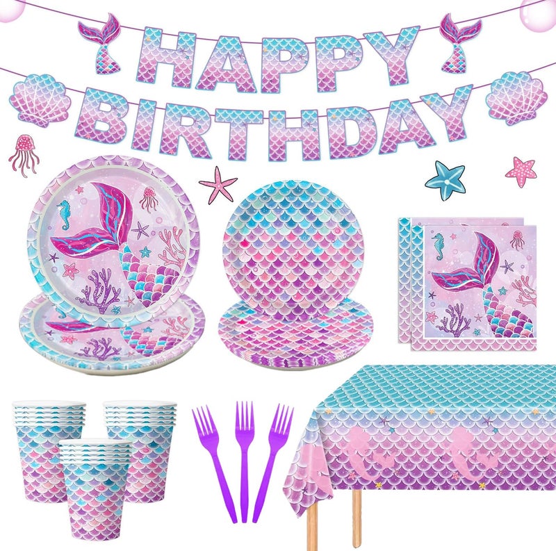 Oigco 122Pcs Mermaid Birthday Party Decorations Set Mermaid Party Supplies Includes Plates, Napkin, Fork, Cup, Tablecloth, Banner for Baby Shower Ocean Birthday Party Decorations, Serves 24 - Image 1