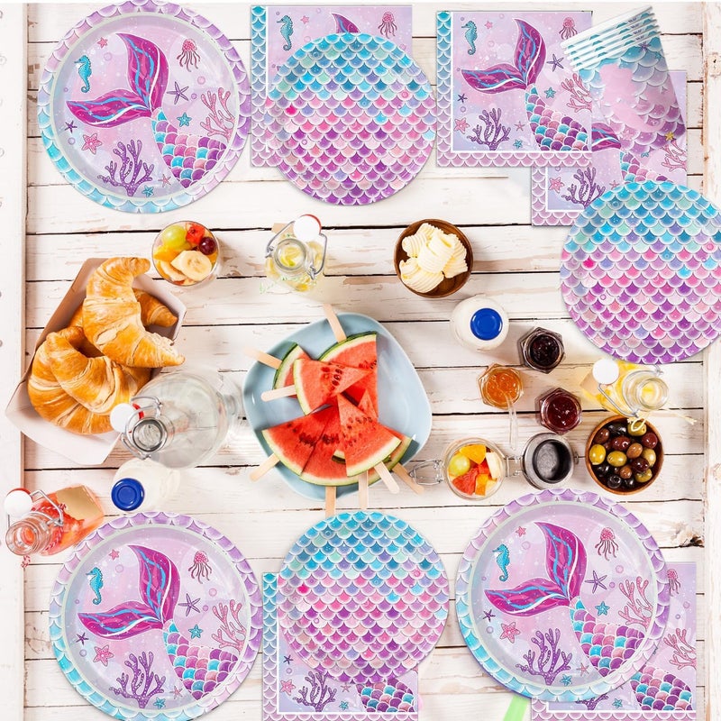 Oigco 122Pcs Mermaid Birthday Party Decorations Set Mermaid Party Supplies Includes Plates, Napkin, Fork, Cup, Tablecloth, Banner for Baby Shower Ocean Birthday Party Decorations, Serves 24 - Image 5