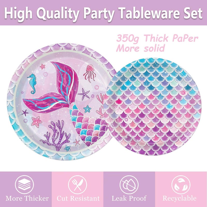 Oigco 122Pcs Mermaid Birthday Party Decorations Set Mermaid Party Supplies Includes Plates, Napkin, Fork, Cup, Tablecloth, Banner for Baby Shower Ocean Birthday Party Decorations, Serves 24 - Image 4
